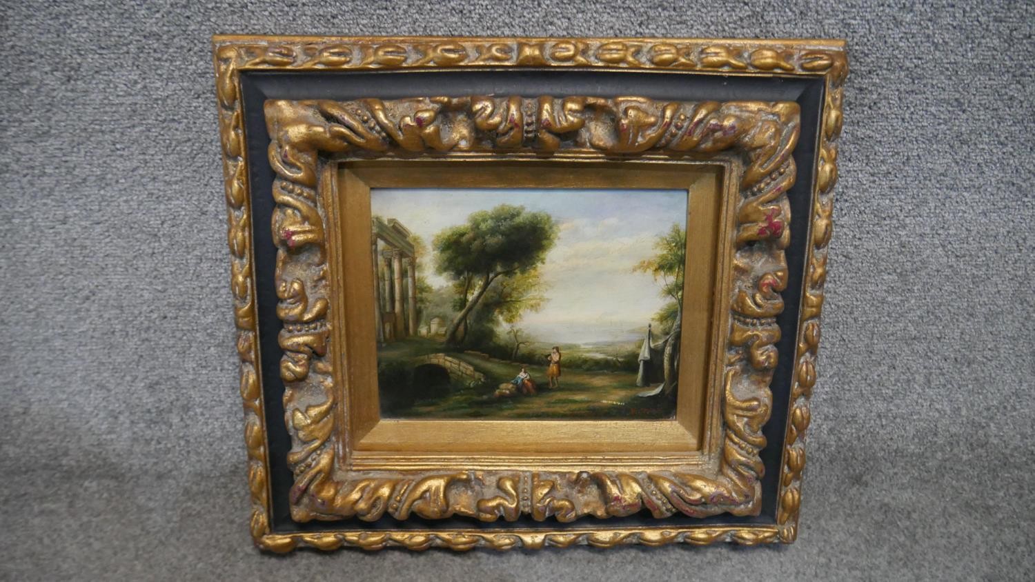 An oil on board, Italianate landscape with figures and ruins in ornate gilt frame. H.47 W.47cm - Image 2 of 5