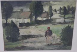 Pau Earee (1888 - 1968) A framed and glazed oil on board farmhouse scene with figure. Signed by