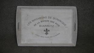 Les Macarons de Dominique painted wooden tray and a white metal enamel tray with black wording. H.37