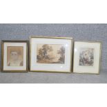 Three framed and glazed watercolours. A pastel and watercolour portrait of a young boy in red hat,