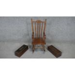 A miniature rocking chair along with a pair of brass bound and inlaid Eastern hardwood boxes. H.40cm
