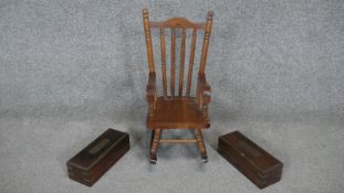 A miniature rocking chair along with a pair of brass bound and inlaid Eastern hardwood boxes. H.40cm