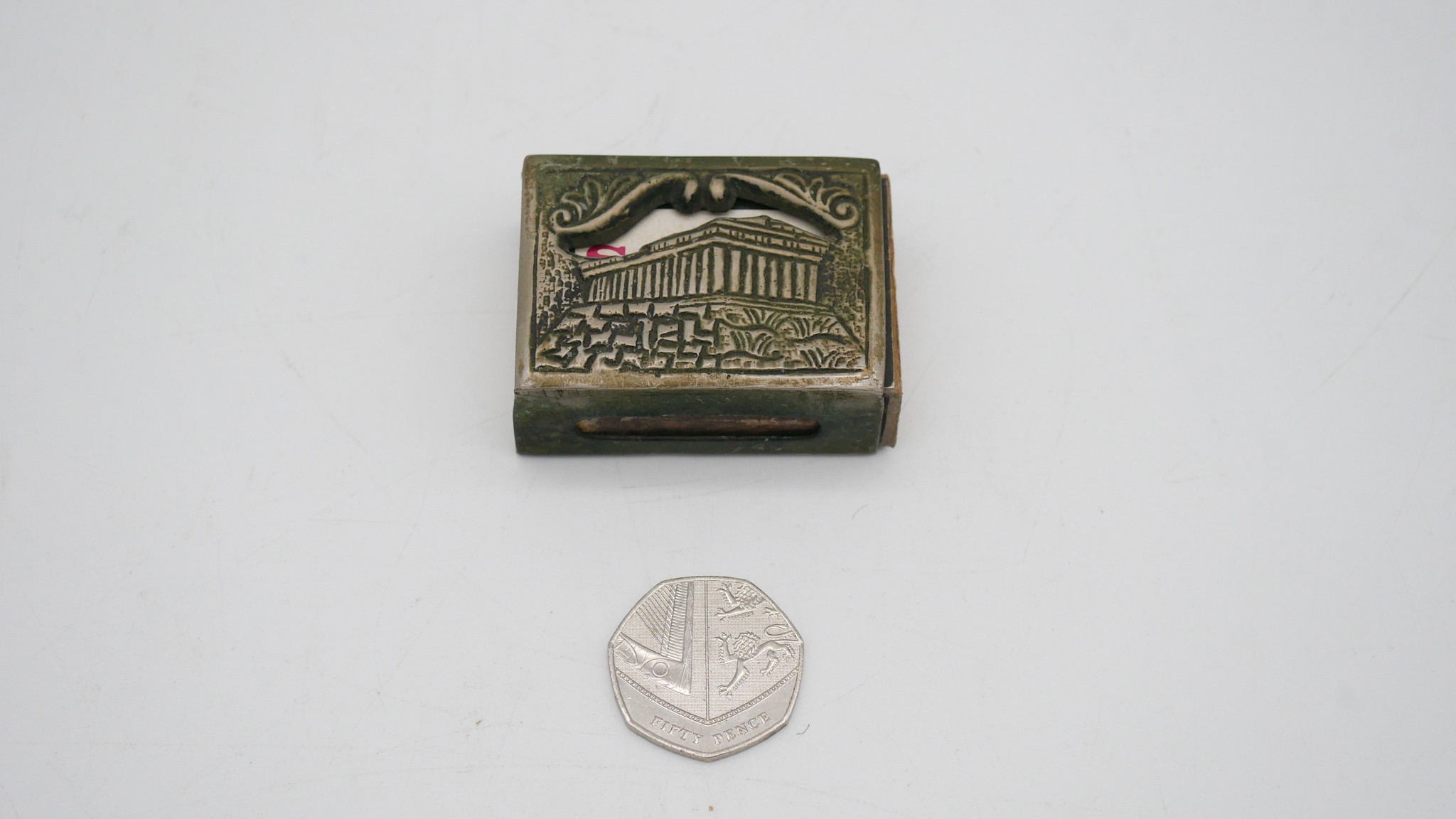 An antique silver plated match box cover with a picture of the Parthenon. W.5 - Image 2 of 4