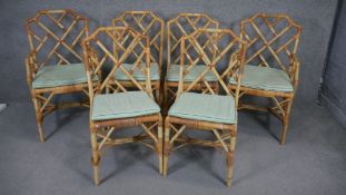 A set of six vintage bamboo conservatory dining chairs with squab cushions on woven seats, to