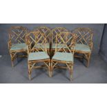 A set of six vintage bamboo conservatory dining chairs with squab cushions on woven seats, to