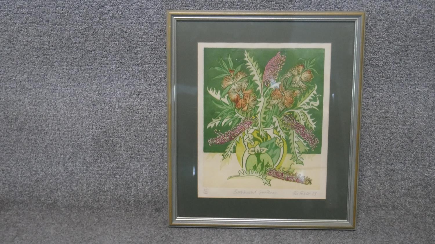 Rosalind Forster- A framed and glazed signed botanical linocut print titled 'Bottlebrush and - Image 2 of 5