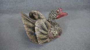 A vintage Asian painted wooden goose sculpture. L.24 W.28
