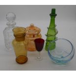 A collection of coloured glass. Including an Art Deco amber glass decanter and stopper, a
