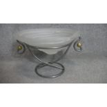 A frosted art glass coil design bowl in an abstract chrome frame with gilt ball detailing. H.24