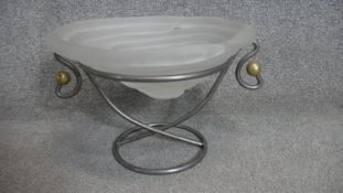 A frosted art glass coil design bowl in an abstract chrome frame with gilt ball detailing. H.24