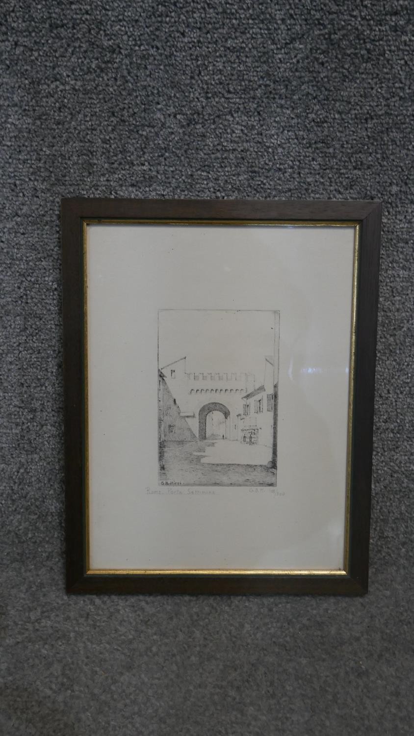 G. B. Mirri- A framed and glazed etching of Porta Settimina. Signed by artist. Label verso. H.35 W. - Image 2 of 5