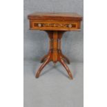A 19th century style walnut envelope card table with floral satinwood inlay and frieze drawer on