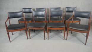 A set of eight teak dining chairs on shaped tapering supports. (Includes two carver armchairs).