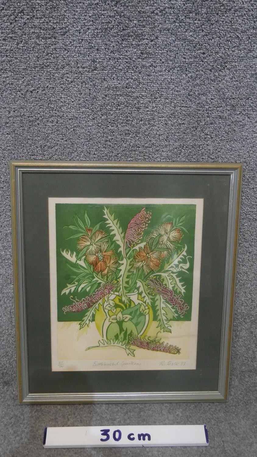 Rosalind Forster- A framed and glazed signed botanical linocut print titled 'Bottlebrush and - Image 3 of 5