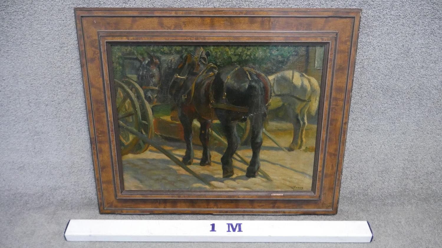 A framed oil on canvas, study of shire horses, indistinctly signed. H.70 W.85cm - Image 3 of 5