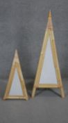 Two bamboo and paper pyramidal design tripod floor lamps. Largest H.120cm