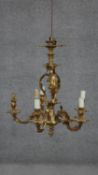 An antique Recoco style gilt brass floral and foliate design five branch chandelier. D.61 H.51cm