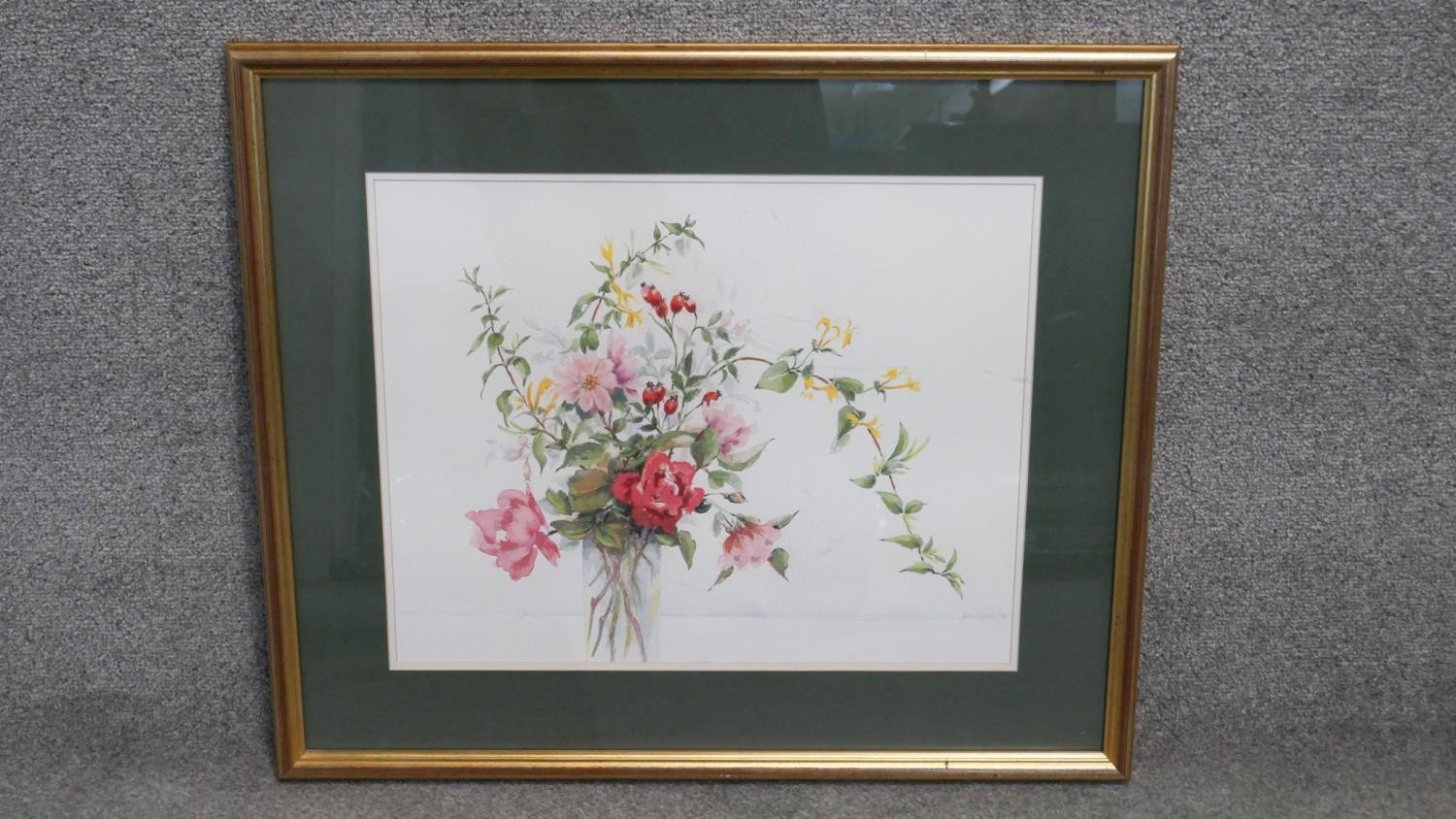 A framed and glazed watercolour of a vase of flowers. Signed. H.60 x W.70cm