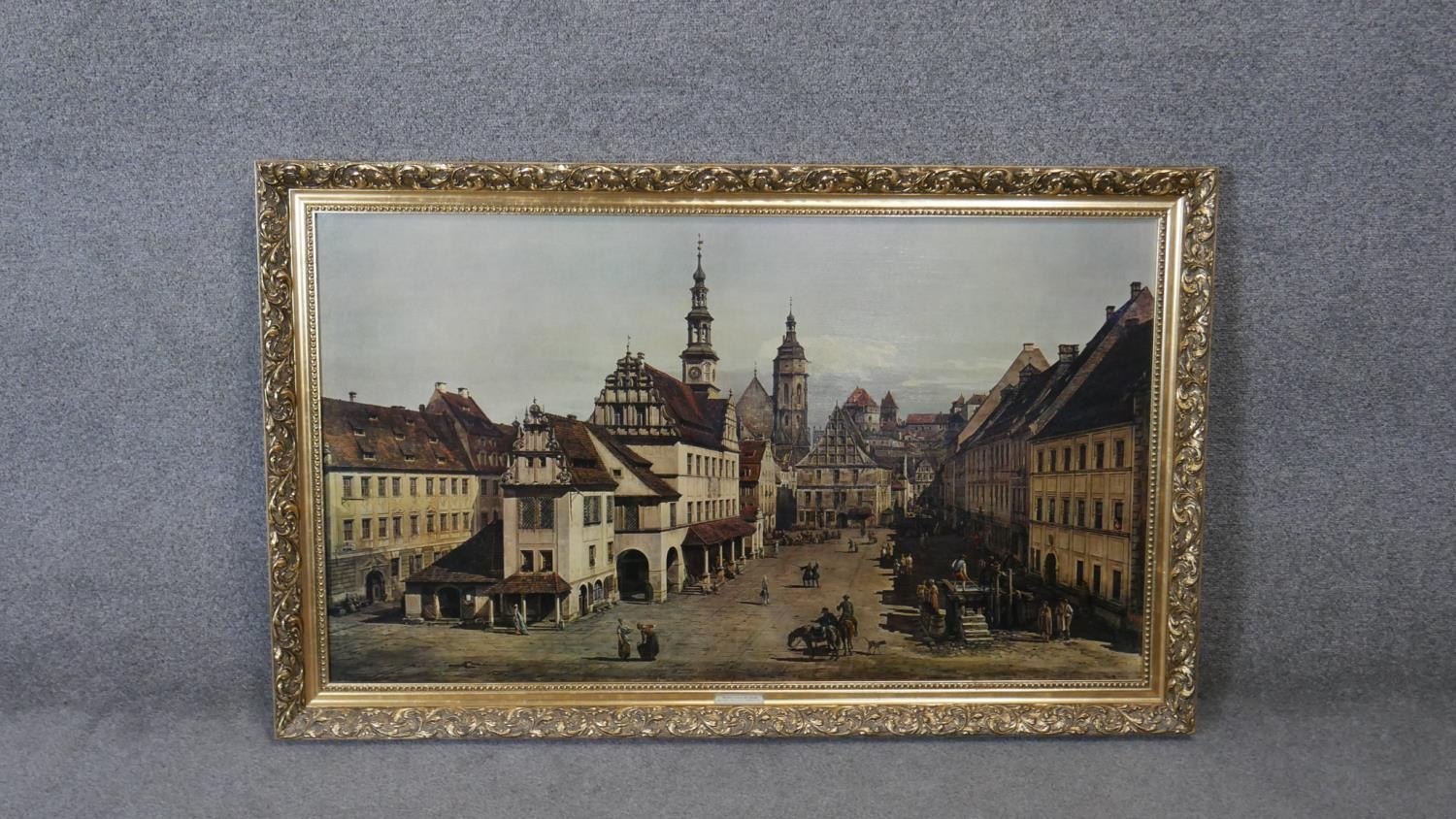 A large gilt framed print on canvas of 'Market Place at Pirna' by Canaletto. H. 75 W. 117 - Image 2 of 4