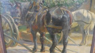 A framed oil on canvas, study of shire horses, indistinctly signed. H.70 W.85cm