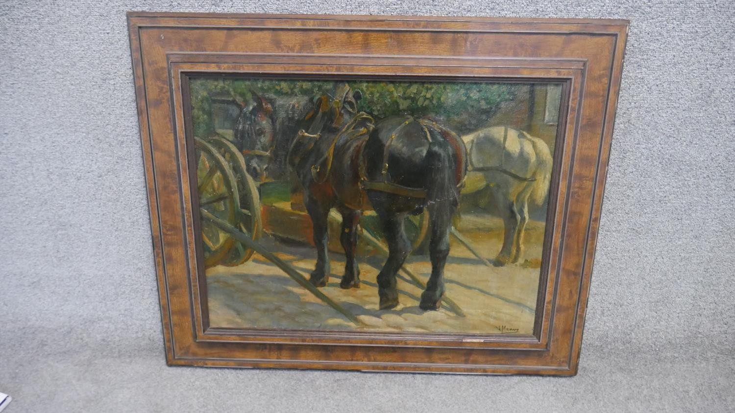 A framed oil on canvas, study of shire horses, indistinctly signed. H.70 W.85cm - Image 2 of 5
