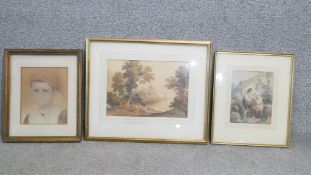 Three framed and glazed watercolours. A pastel and watercolour portrait of a young boy in red hat,