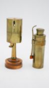 Moore & Wright brass jewellers blowtorch along with a surveyors brass pantometre on wooden base. H.