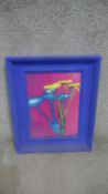 A framed coloured abstract print of dandelion flowers. H.57 W.47cm