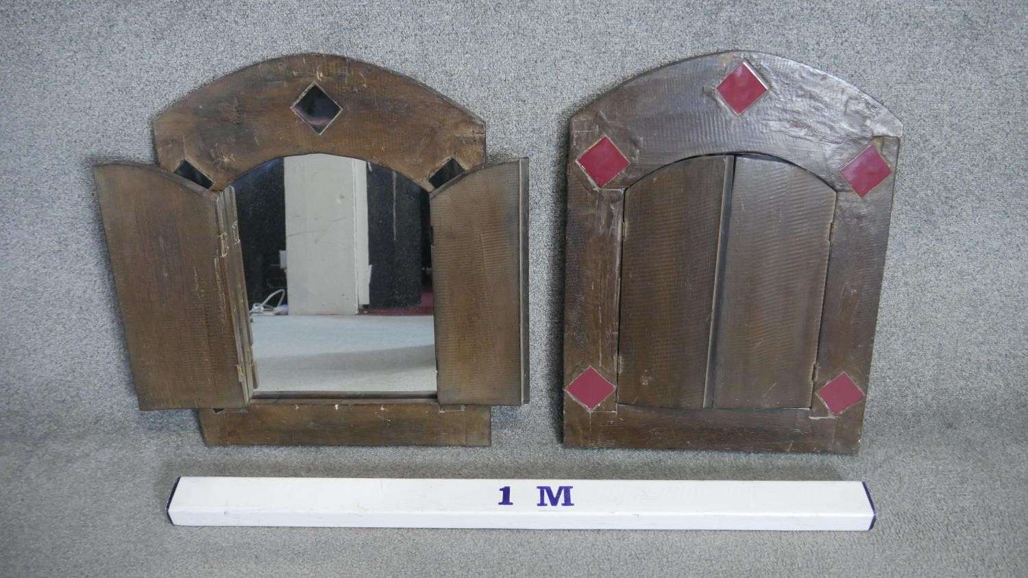 A pair of North African style wall mirrors in hardwood frames each fitted with a pair of panel - Image 2 of 4