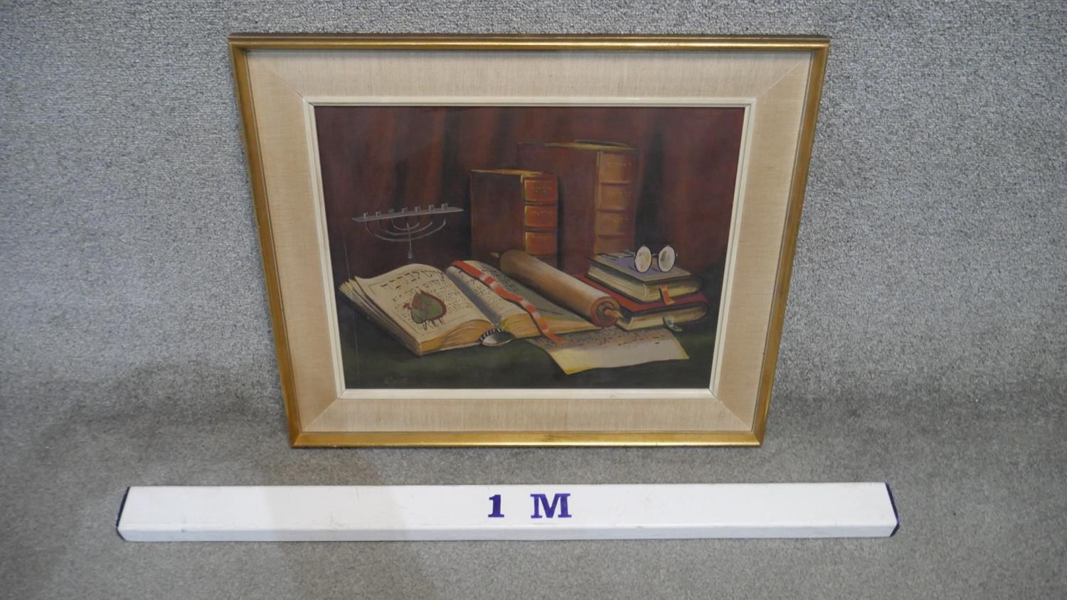 Rudolf Blahos (1917-1986), a framed oil on canvas, still life with menorah, signed. H.57 W.66cm - Image 3 of 5