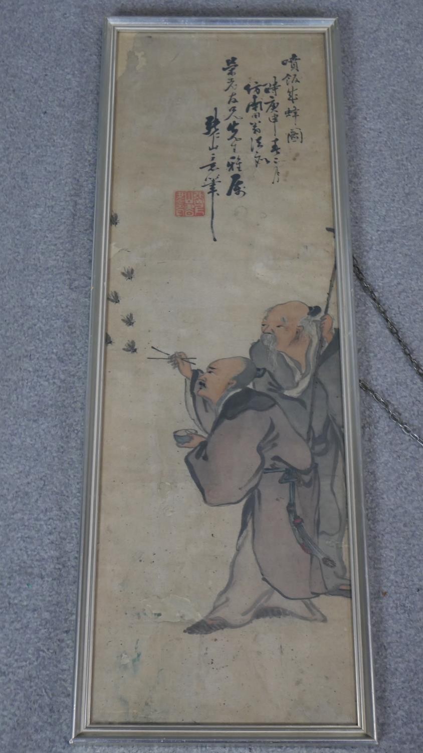 Two framed and glazed Chinese late Ming - Qing period inks on paper. Each one depicting two scholars - Image 5 of 6