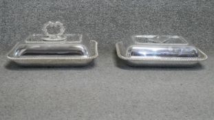 Two silver plated lidded warming dishes with beaded edge and foliate design handles. (One handle
