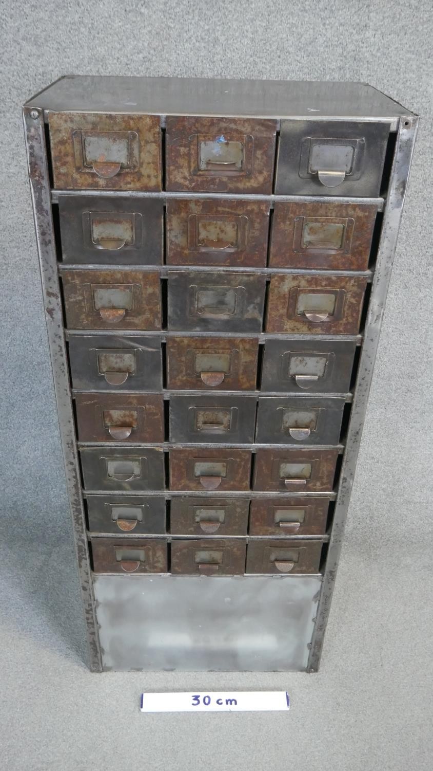 A vintage metal filing cabinet with a bank of twenty four small drawers. H.110 W.100 D.50cm - Image 2 of 6