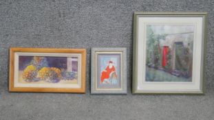Two framed oils and a watercolour. One of pineapples signed C. Adamson, an oil of a cottage doorway,
