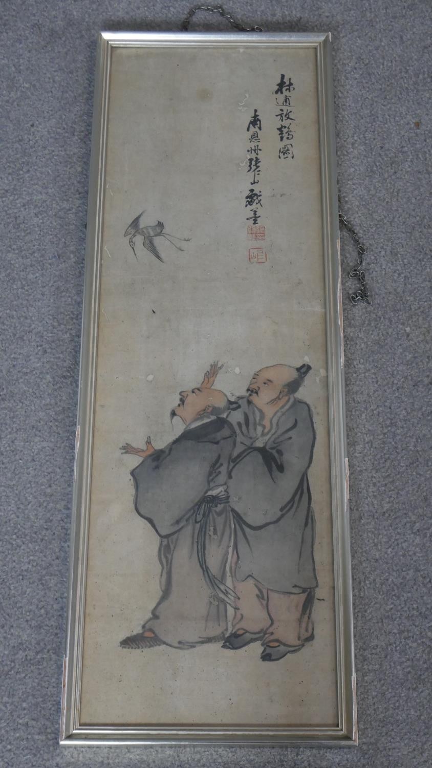 Two framed and glazed Chinese late Ming - Qing period inks on paper. Each one depicting two scholars - Image 3 of 6