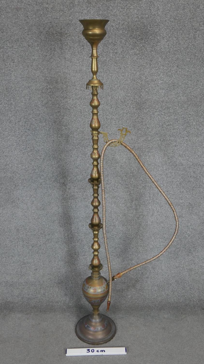 A floor standing middle Eastern brass smokers hookah with engraved floral and foliate design. H. - Image 2 of 5