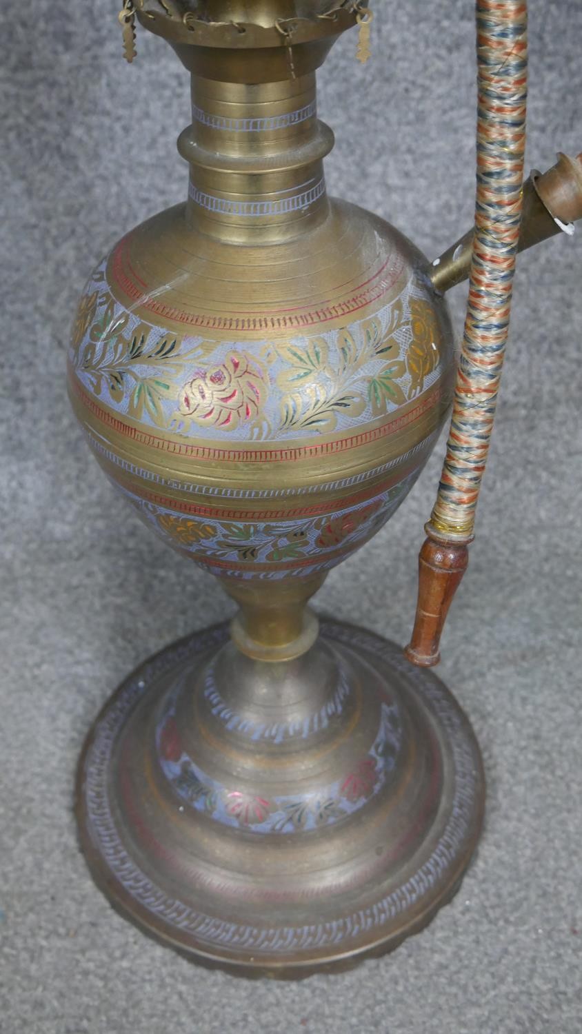 A floor standing middle Eastern brass smokers hookah with engraved floral and foliate design. H. - Image 4 of 5