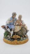 A hand painted porcelain figure group of a pair of lovers seated on a rocky outcrop with picnic