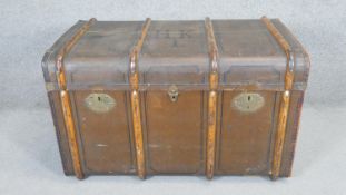 A 19th century metal and oak bound canvas travelling trunk. H.60 x W.100 x D.58cm