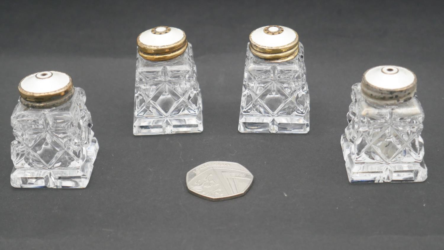 Hroar Prydz - Four silver gilt Norwegian cut crystal salt and pepper shakers with cream guilloche - Image 2 of 3