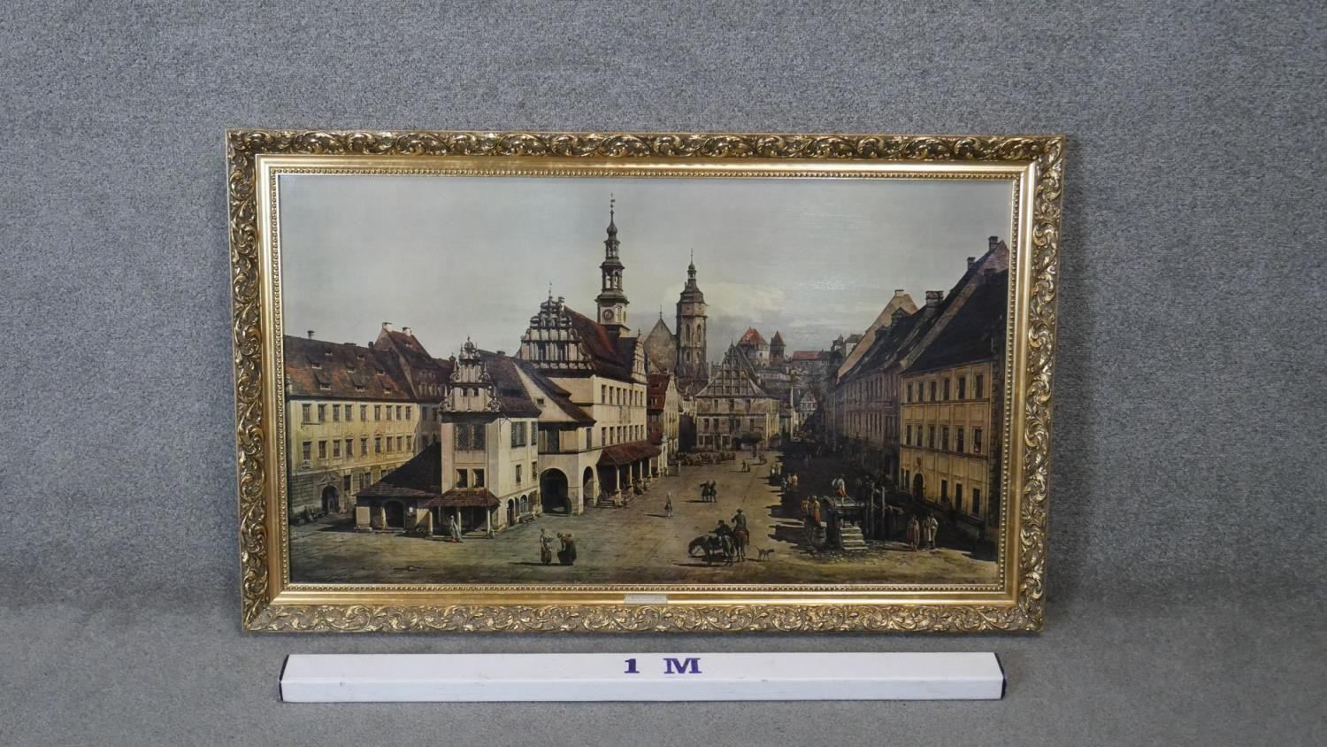 A large gilt framed print on canvas of 'Market Place at Pirna' by Canaletto. H. 75 W. 117 - Image 3 of 4