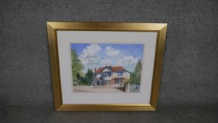 Peter Luscombe- A framed and glazed watercolour of Packford's Hotel, Essex. Label Verso. H. 55 W. 64