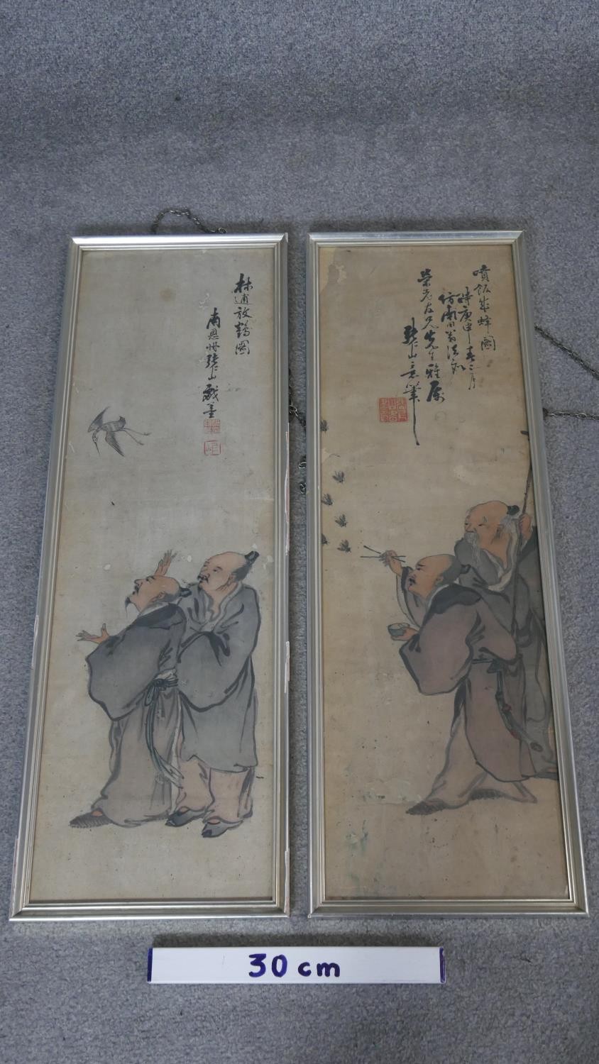 Two framed and glazed Chinese late Ming - Qing period inks on paper. Each one depicting two scholars - Image 2 of 6