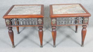 A pair of mahogany occasional tables with inset marble tops and gilt metal mounts on turned baluster
