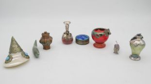 A collection of items. Including three silver wrapped miniature glass vases, a carved hardstone