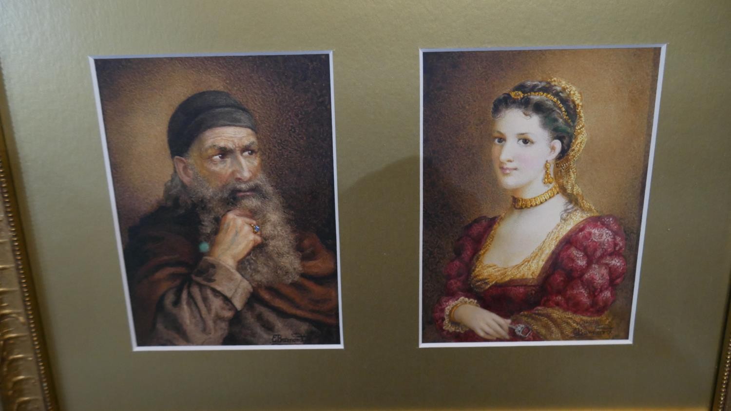 Emily Barnard - A framed and glazed pair of watercolour portraits - Shylock and Jessica from - Image 3 of 6