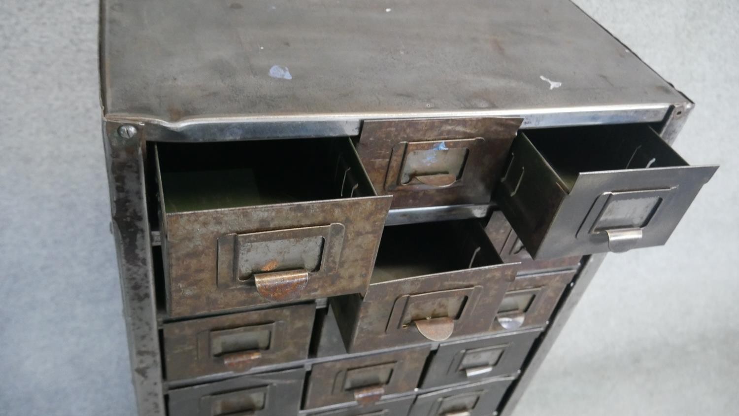 A vintage metal filing cabinet with a bank of twenty four small drawers. H.110 W.100 D.50cm - Image 4 of 6