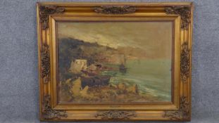 A gilt framed oil on canvas of a Continental harbour scene. Plaque reads Lino Vito. Indistinctly