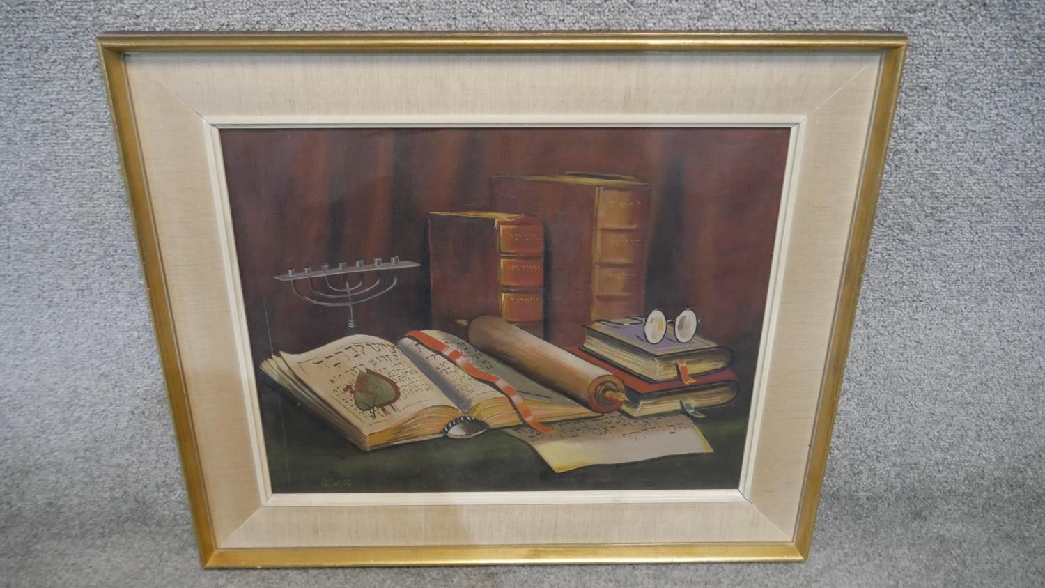 Rudolf Blahos (1917-1986), a framed oil on canvas, still life with menorah, signed. H.57 W.66cm - Image 2 of 5