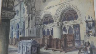 A 19th century framed and glazed watercolour, cathedral interior with figures, signed W. Finley